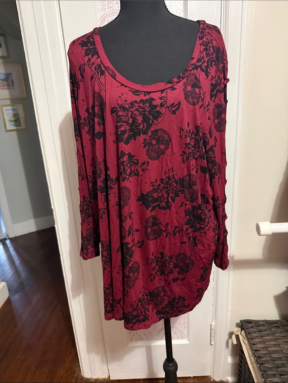 torrid Burgundy Scoop Neck Tunic with Black Floral & Skull Print